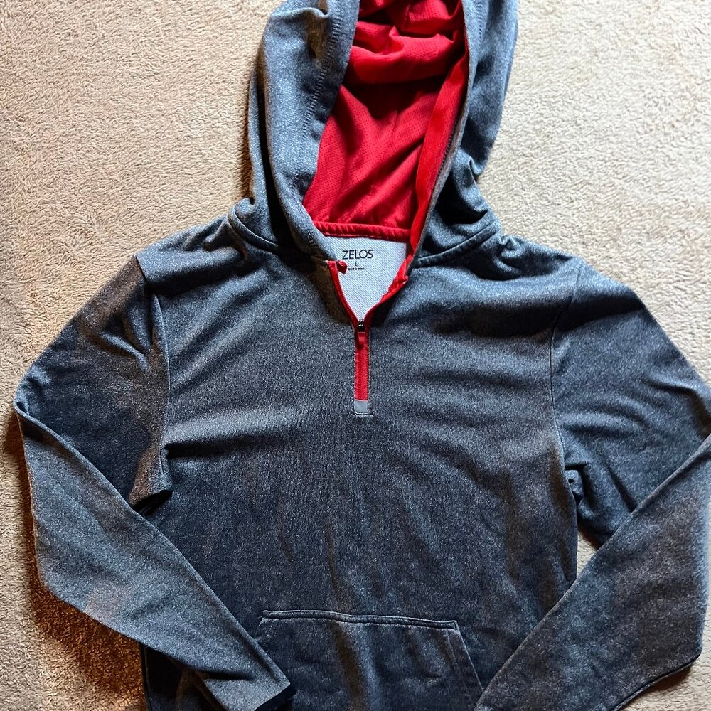 Zelos Youth Large Heather Gray Red Trim‎ Hood Quarter Zip Pocket Pullover